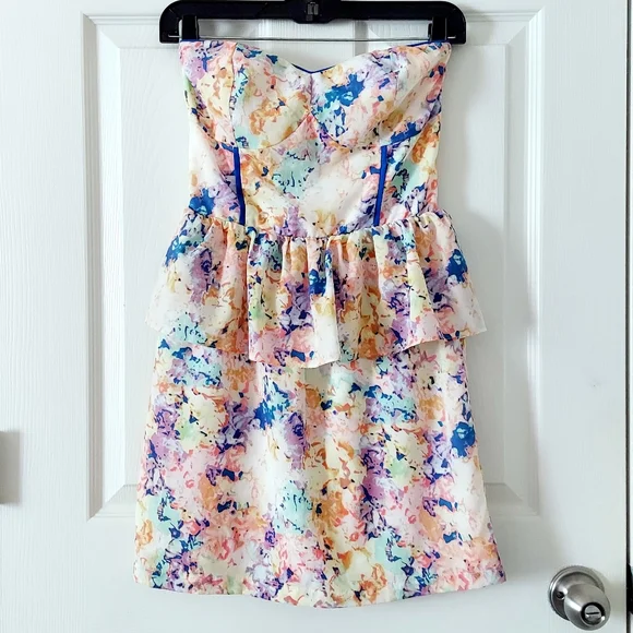 Sugarlips Dresses | Sugarlips Floral Chiffon Peplum Dress | Color: Blue/Yellow | Size: S | Vintagelove84'S Closet